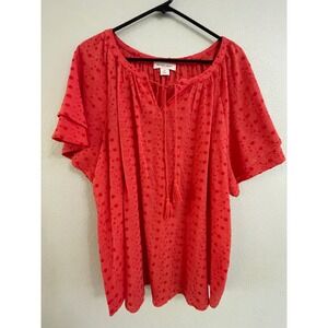 Allison Daley Woman Coral Red Embroidered Tassel Flutter Sleeve Blouse  Size 1X
